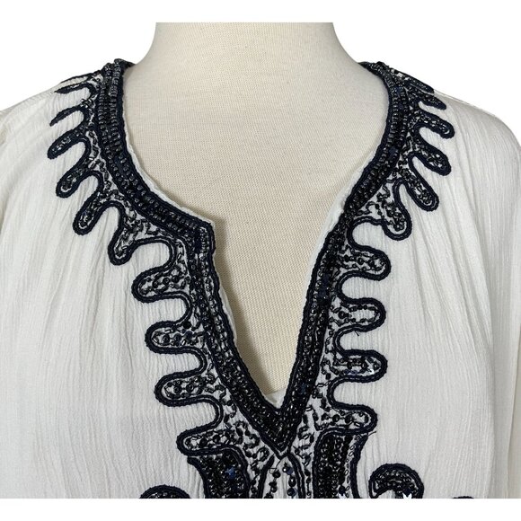 Chicos White Gauze 3/4 Sleeve V-Neck Lined Navy Beaded Embellished Tunic 16/18 - Picture 3 of 14